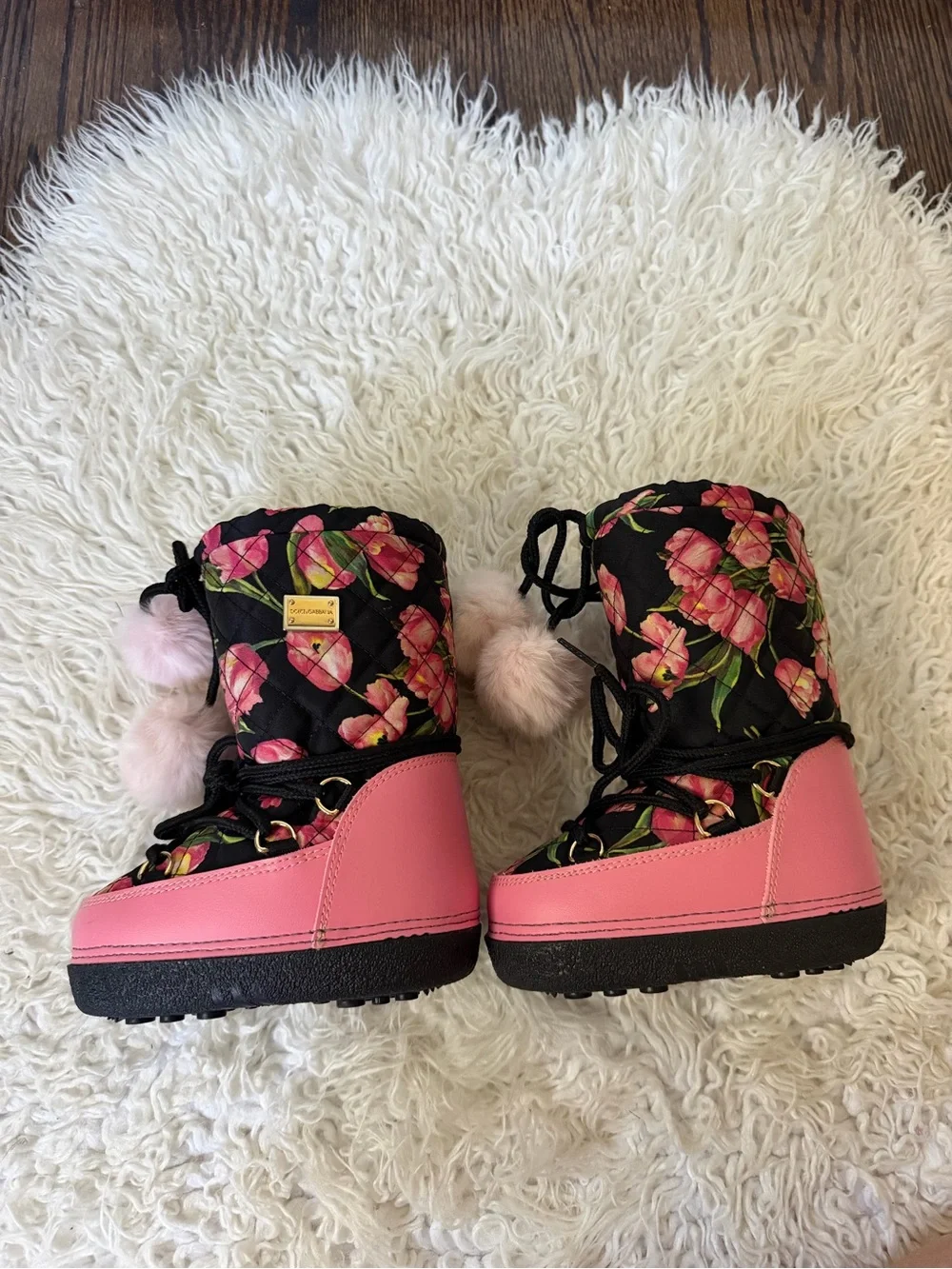 Dolce and Gabbana Pink Floral Quilted Winter Boots with Pom-Pom Accents